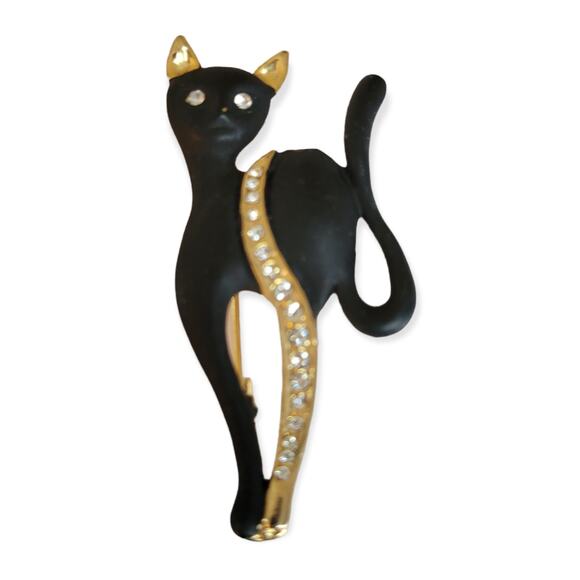 Vintage Cat Brooch Black Enamel Gold Tone Rhinestone Eyes Catcore Black Cat - Picture 12 of 12